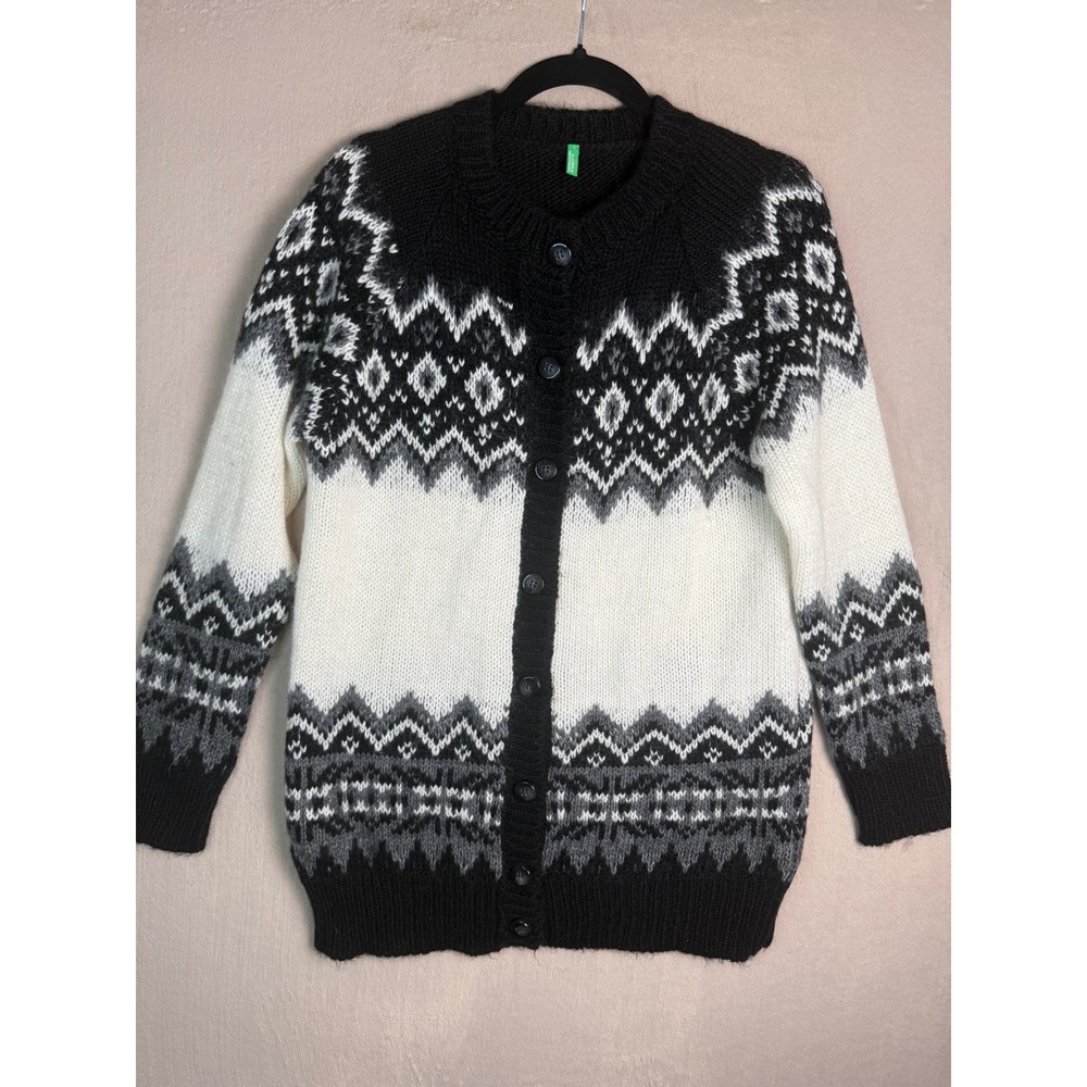 United Colors of Benetton Fair Isle Cardigan Women L Black White Alpaca Mohair - Picture 2 of 10